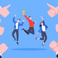 Employee recognition or proud worker of the month business concept flat style design vector illustration. Young adult man jumps in the air with trophy cup in the hand and many thumbs up around him.